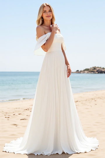 A Line Ivory Off The Shoulder Pleated Beach Wedding Dress with Slit